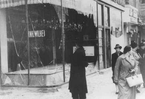 Jewish-owned shop destroyed during Kristallnacht (the "Night of