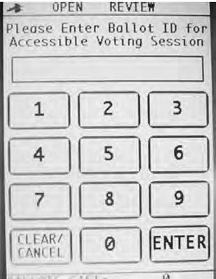 Enter the Ballot ID by pressing the numbers on the numeric key pad corresponding to the Ballot ID number. Then press ENTER OR 5.