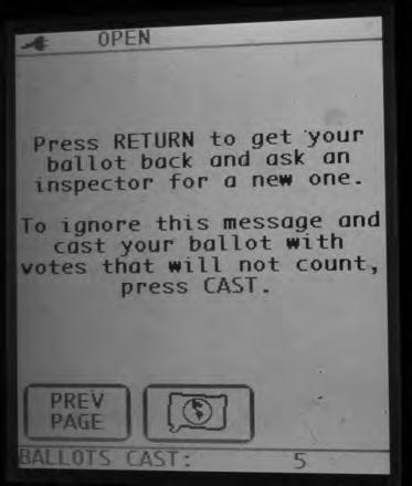 not detect any markings on the ballot after it has been inserted into the ImageCast Scanning Device. The Administrative screen will display a message that reads: WARNING! BLANK BALLOT DETECTED.