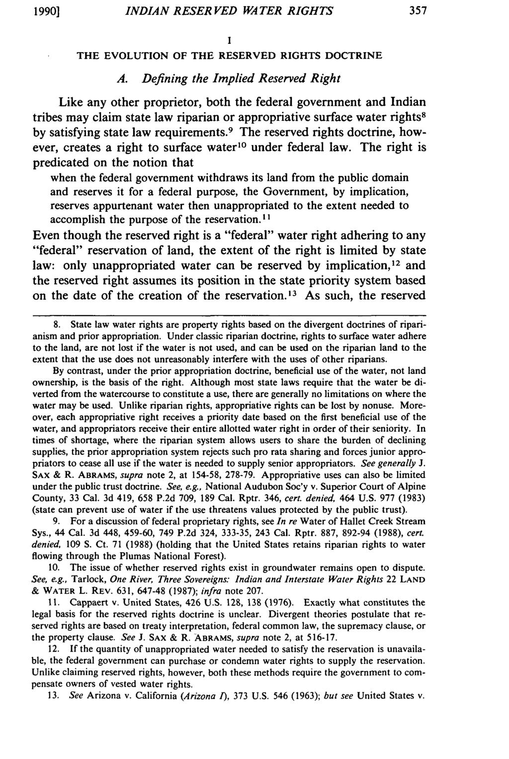 1990] INDIAN RESERVED WATER RIGHTS I THE EVOLUTION OF THE RESERVED RIGHTS DOCTRINE A.