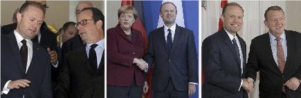 The first leg of his Maltese Prime Minister Joseph Muscat in his meetings with three other European leaders (from left): Francois Hollande (France), Angela Merkel (Germany) and Lokke Rasmussen
