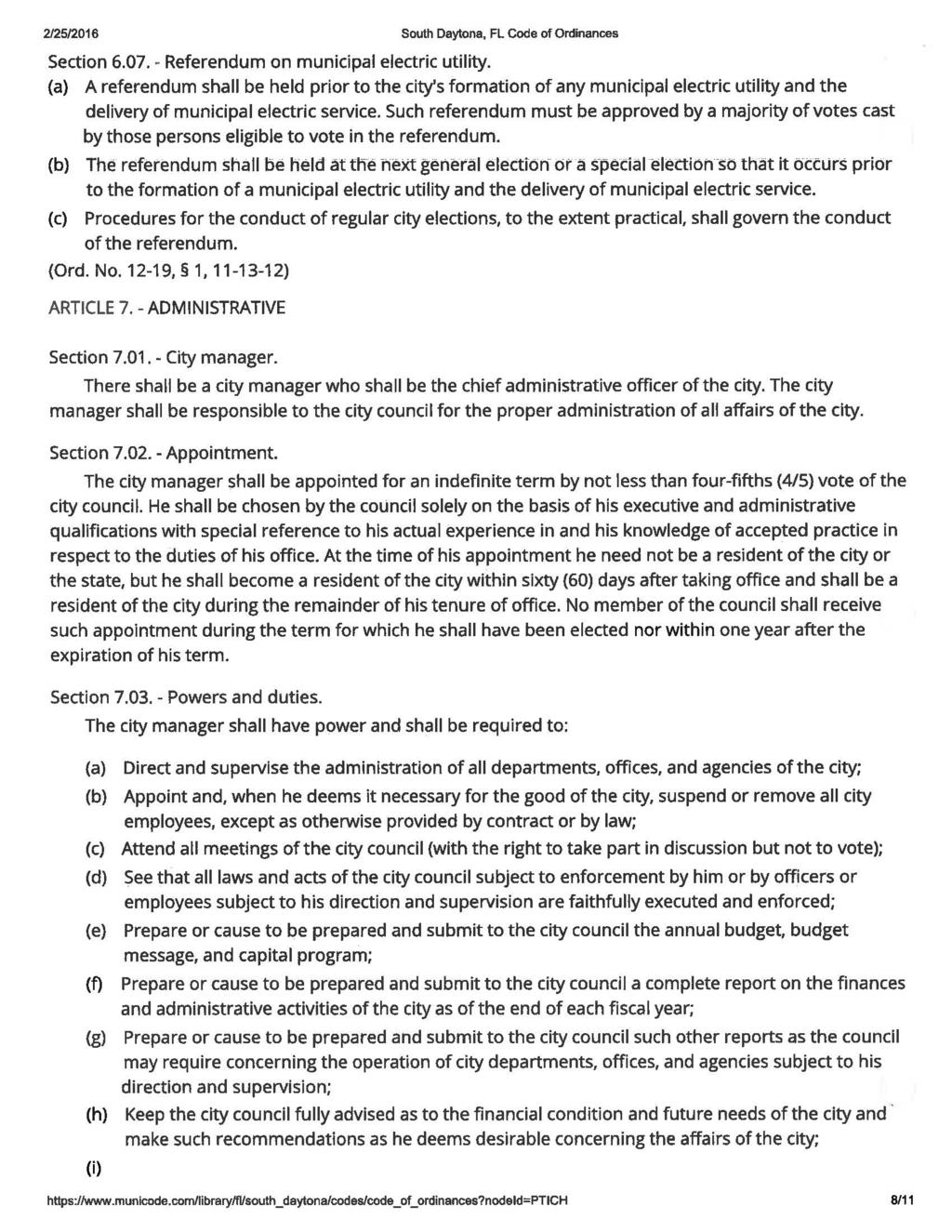 2125/2016 South Daytona, FL Code of Ordinances Section 6.07. - Referendum on municipal electric utility.