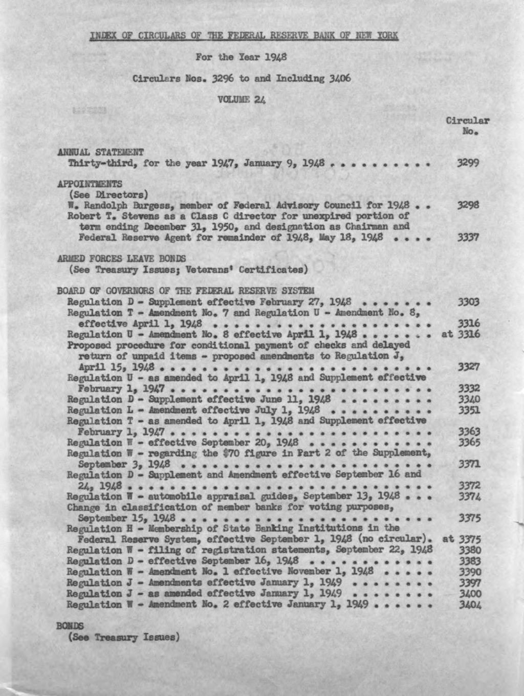 INDEX OF CIRCULARS OF THE FEUDAL RESERVE BAM OF NEW YORK For the Year 1948 Nos.