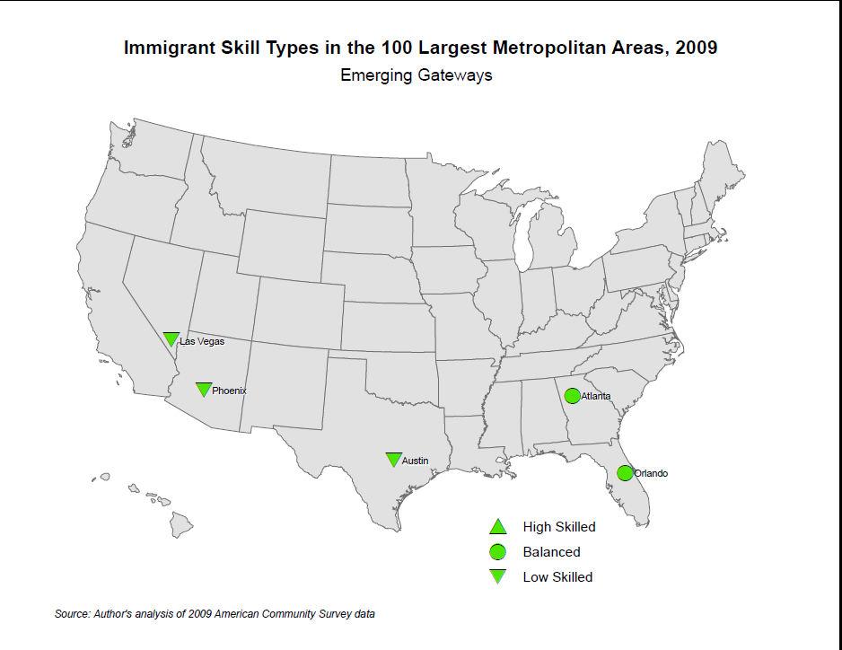 Immigrants skill levels vary by metropolitan area due to historical settlement patterns and economic structures Emerging Median skill