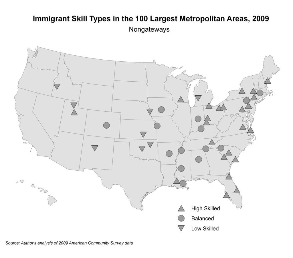 Immigrants skill levels vary by metropolitan area due to historical settlement patterns and economic