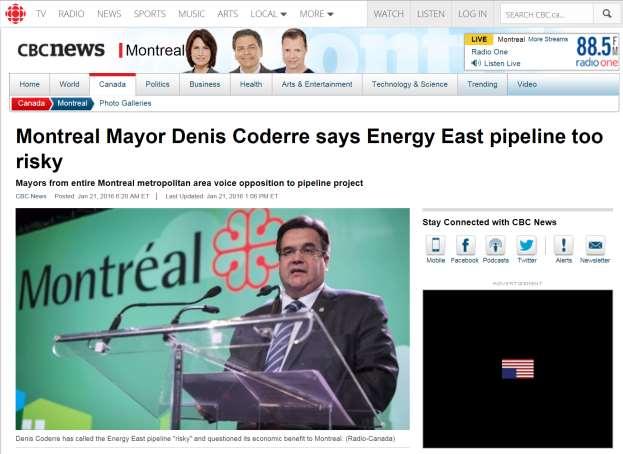 Jan 21, 2016: Montreal Metro Area Mayors all officially oppose Energy East Pipeline