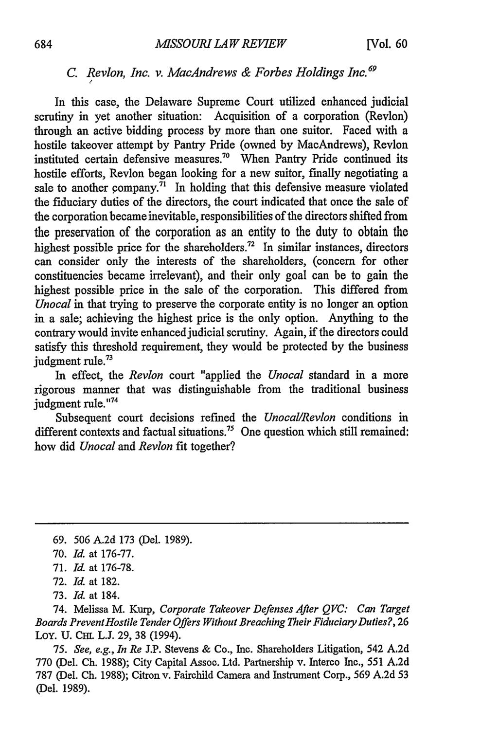 Missouri Law Review, Vol. 60, Iss. 3 [1995], Art. 5 MISSOURI LAW REVIEW [Vol. 60 C. Revlon, Inc. v. MacAndrews & Forbes Holdings Inc.