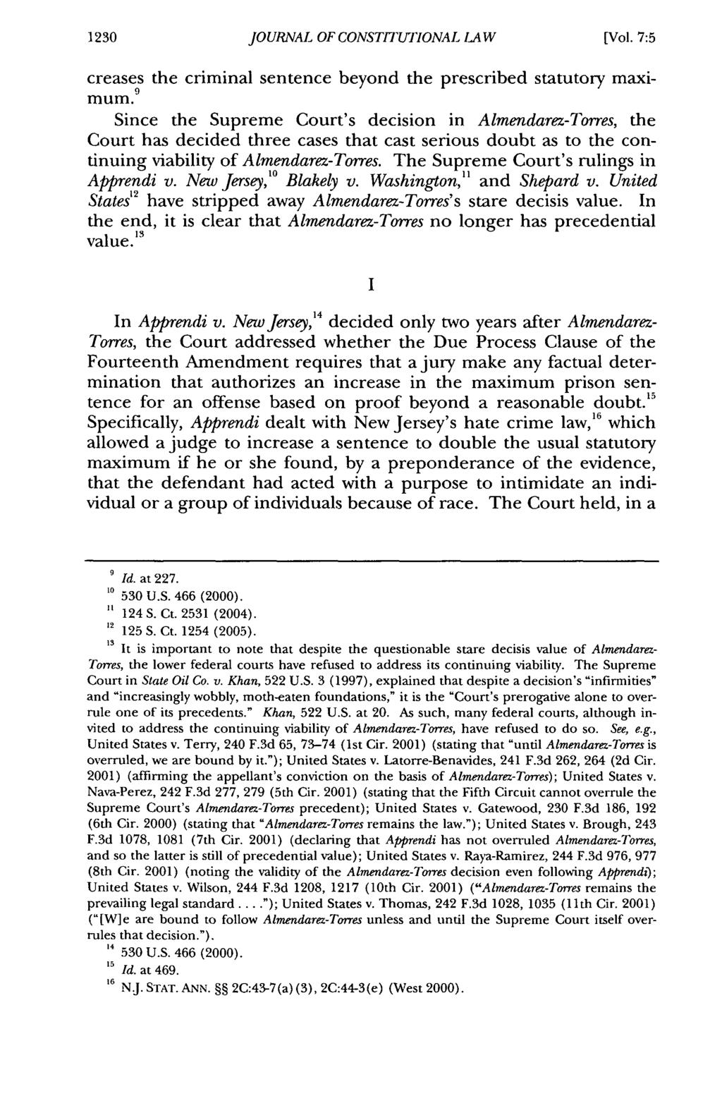 1230 JOURNAL OF CONSTITITflONAL LA W [Vol. 7:5 creases the criminal sentence beyond the prescribed statutory maxi- 9 mum.