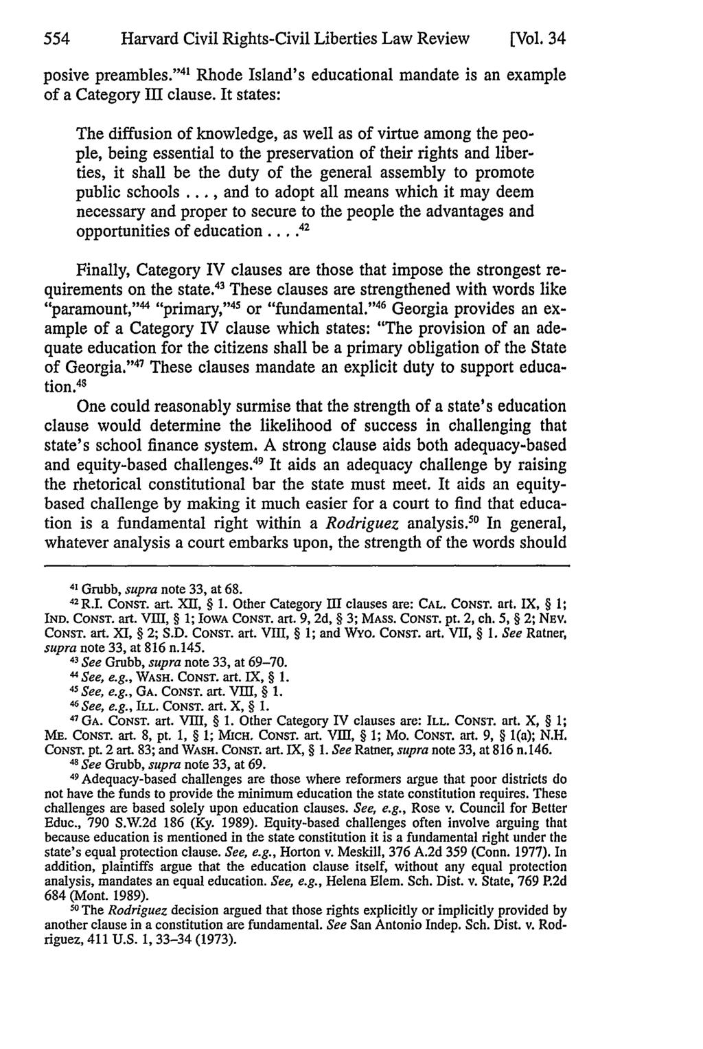 Harvard Civil Rights-Civil Liberties Law Review [Vol. 34 posive preambles." 4 Rhode Island's educational mandate is an example of a Category III clause.