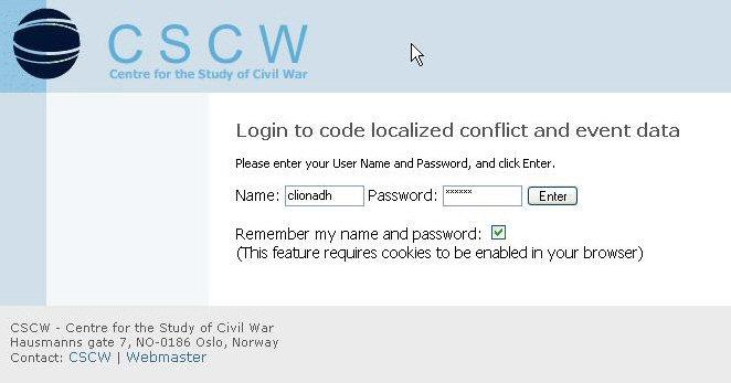 Figure 1 Login Form 3.1 Armed Conflict Form After the coder has logged in, the first screen to appear contains the conflicts accessible to that coder (see Figure 2).