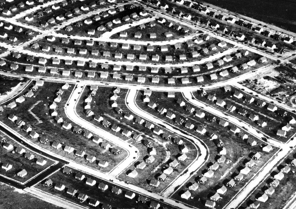 homes suburban housing MASS PRODUCTION TECHNIQUES WERE USED TO MAKE TRACT HOMES IN SUBURBS OUTSIDE OF CITIES houses were identical,