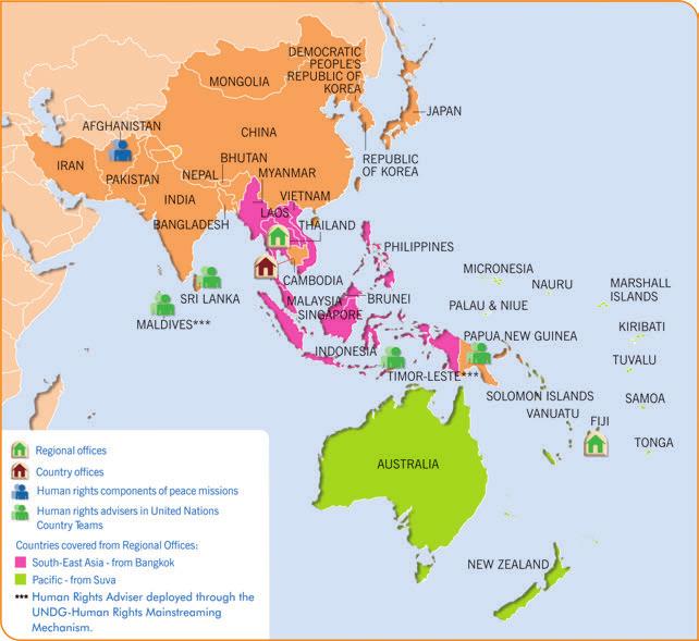 OHCHR in the field: Asia and the Pacific Type of presence Country office Regional offices Human rights components in UN Peace Missions Human rights advisers in UN Country Teams Location OO Cambodia