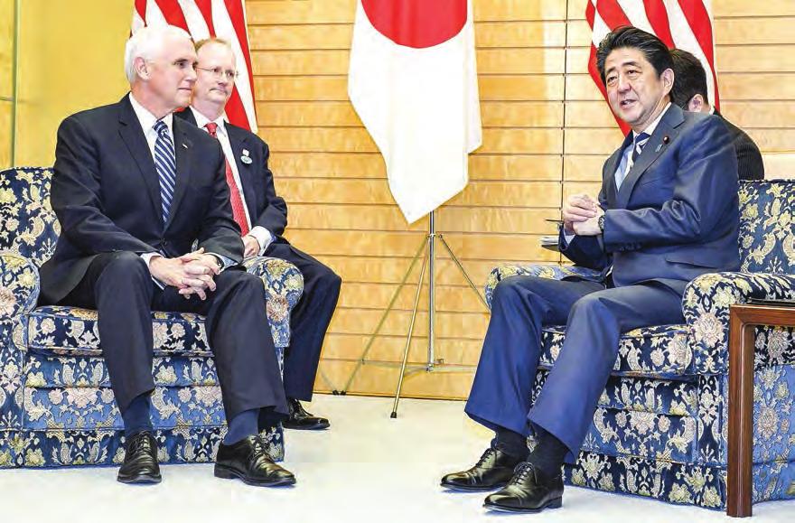 12 WORLD Abe, Pence reaffirm cooperation toward nuclear-free N Korea TOKYO Japanese Prime Minister Shinzo Abe and US Vice President Mike Pence agreed on Tuesday to work together toward the