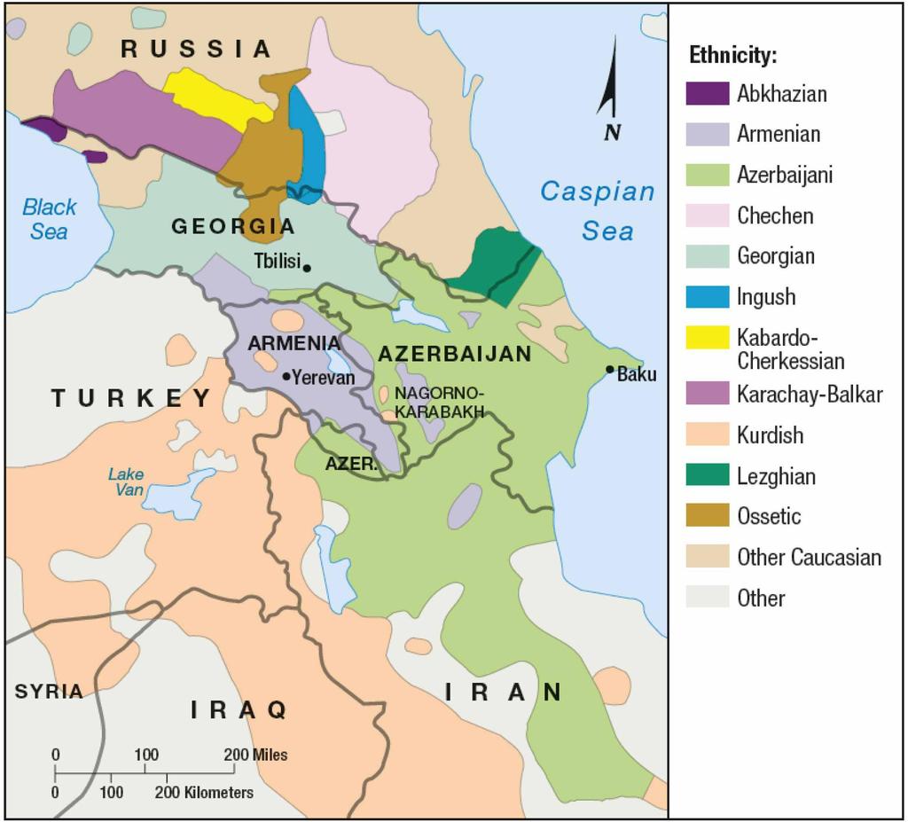Turmoil in the Caucasus Caucasus region is situated between the Black and Caspian seas. Home to several ethnicities including Azeris, Armenians, and Georgians.