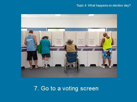 Slide 9 of 15 What happens on election day? You will then be directed to one of the voting screens set up around the room. There will be a pencil for you to use.