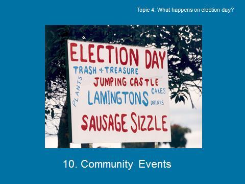 Slide 12 of 15 What happens on election day? There might be community events happening at your local polling place.