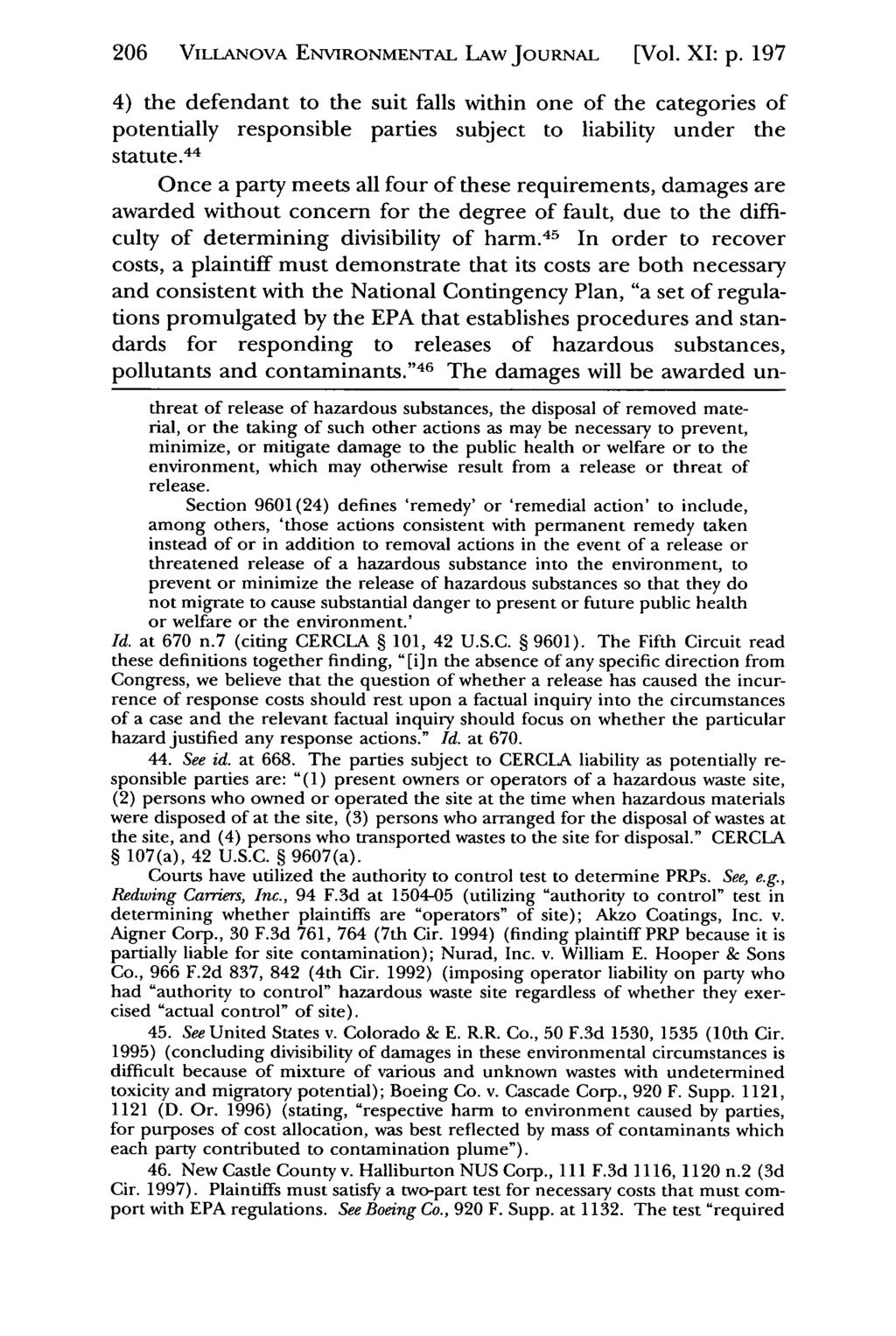 206 VILLANOVA Villanova Environmental ENVIRONMENTAL Law Journal, LAw Vol. JouRNAi 11, Iss. 1 [2000], Art. [Vol. 6 XI: p.