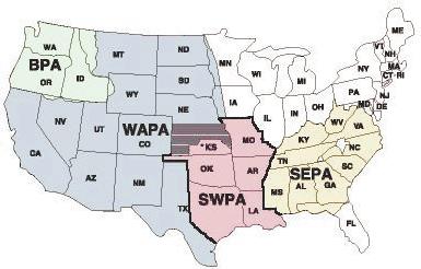 Figure 1. PMA Service Territories Source: Derived from: http://www.wapa.gov/regions/pmadmap.htm. Note: Both WAPA and SWPA market power in Kansas.