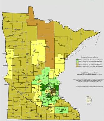 Minnesota House Districts by 2007 Population Estimates This map shows the State of Minnesota s estimated population by House District as of 2007, and whether its population is larger or smaller than