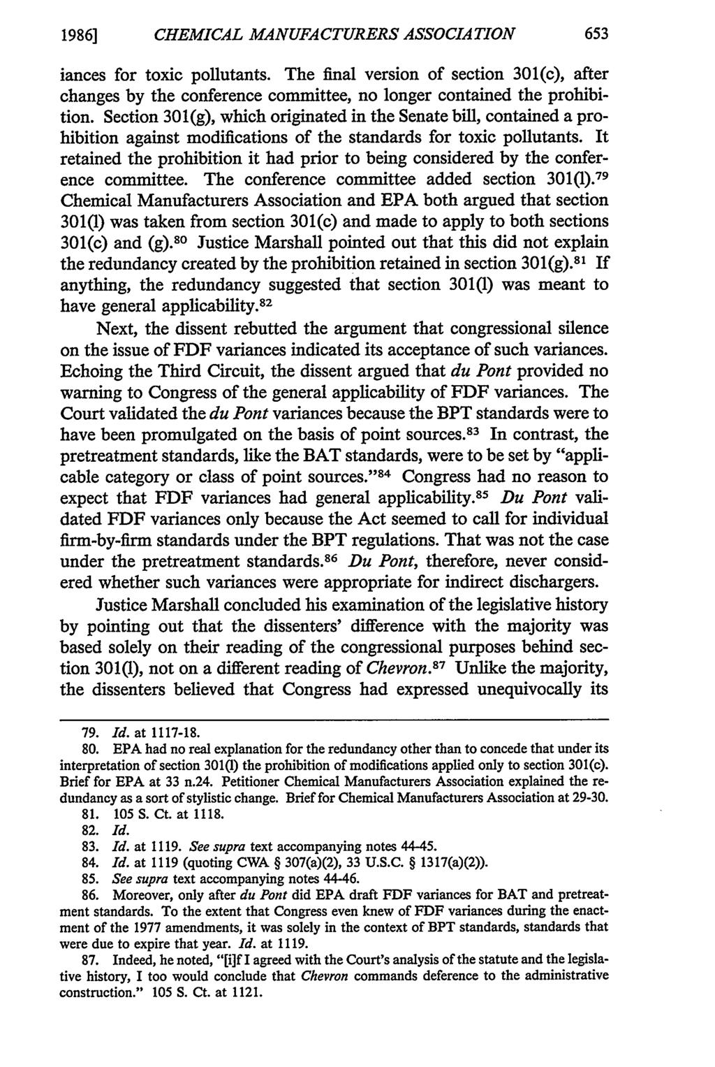 1986] CHEMICAL MANUFACTURERS ASSOCIATION iances for toxic pollutants. The final version of section 301(c), after changes by the conference committee, no longer contained the prohibition.