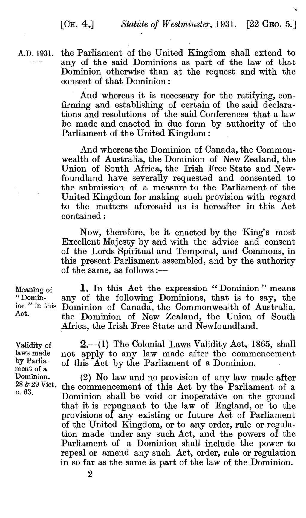[Cx. 4.] Statute of Westminster, 1931.