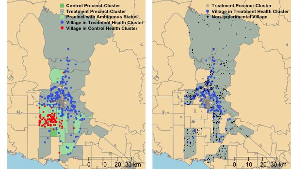 Figure 6: Avoiding Contamination in Defining Rural Precinct Clusters. The left panel maps village centroids from a control health cluster (red) and treatment health cluster (blue) in Sonora.