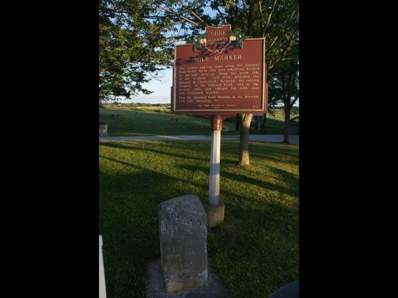 Mile markers, like the one seen here, still standing at the mile 210 rest-stop alongside Interstate 70 in Belmont