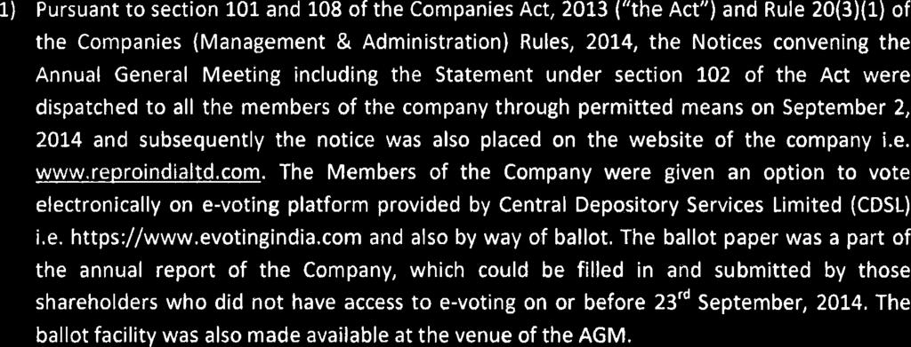 (" Act") and Rule 20(3)(1) of Companies (Management & Administration) Rules, 2014, Notices convening Annual General Meeting including Statement under section 102 of Act were dispatched to all members
