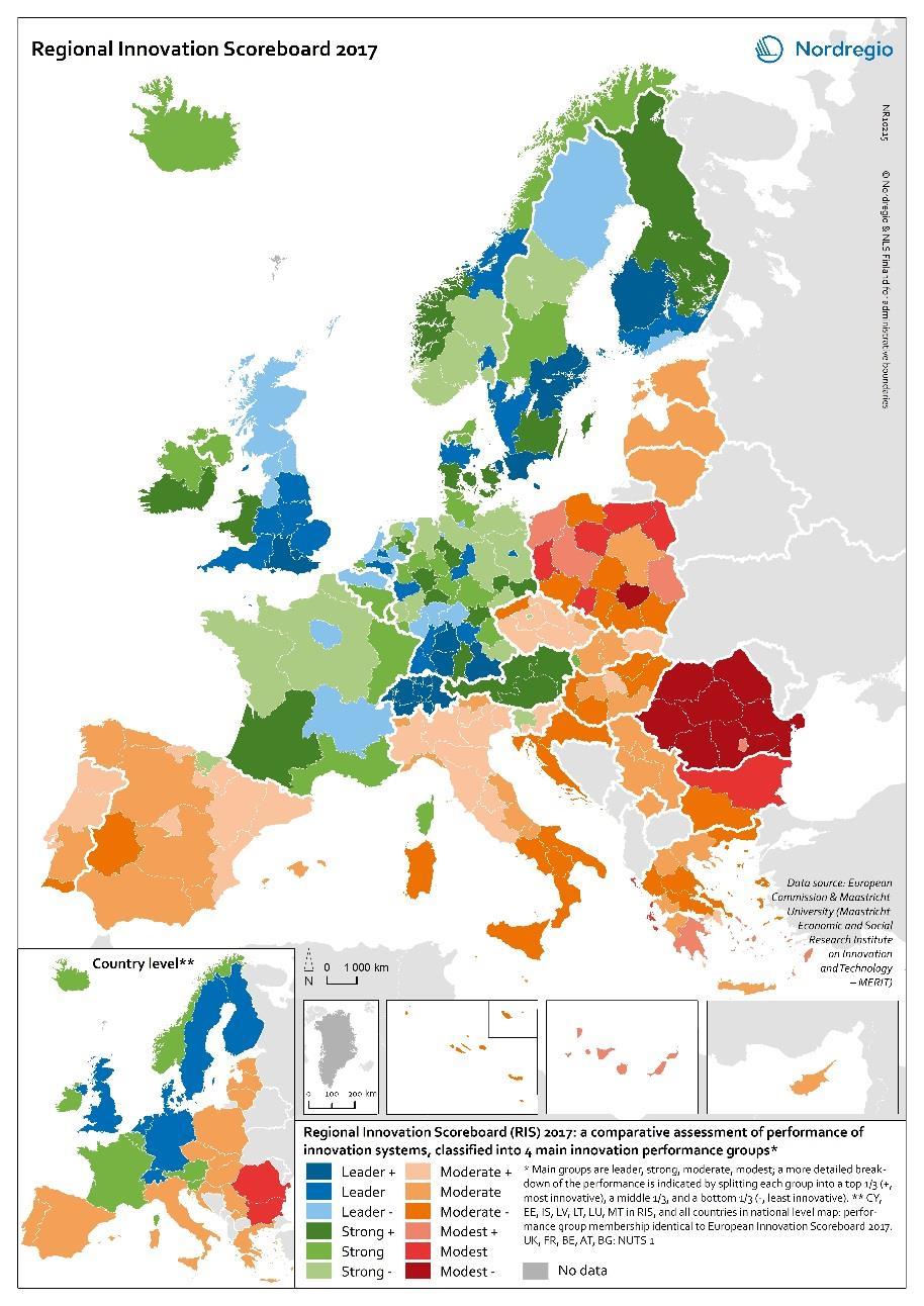Economy Innovation The Nordic countries rank highly and in all Nordic regions, the share of employment in knowledge-intensive sectors is well above the EU28 average.
