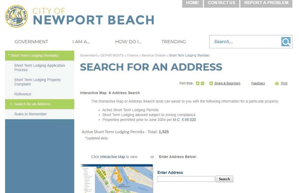 City of Newport Beach s website has the ability to search for a