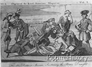 Lord North In this British cartoon, sympathetic to the colonial cause, Prime Minister Lord North, backed by military law, pours tea down the throat of America (portrayed as a woman).