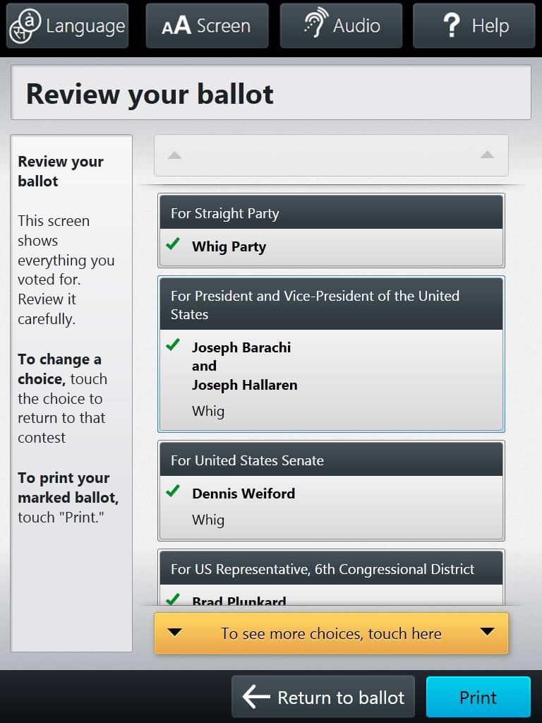 review choices The voter can review choices by tapping the Review Choices