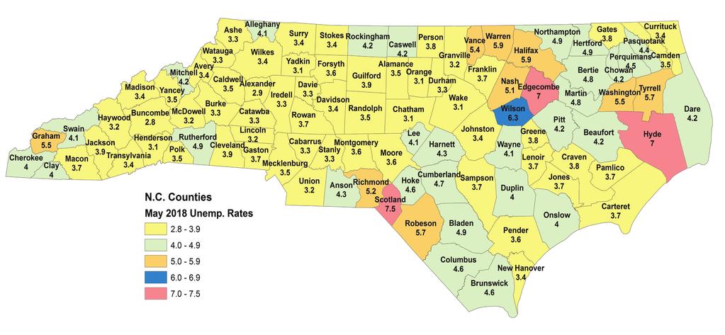 10 NC Capitol Connection, July, 2018 The above map shows the May 2018, (not seasonally adjusted) unemployment rates for North Carolina counties. (data from N.C. Department of Commerce) The May statewide unemployment rate was 3.