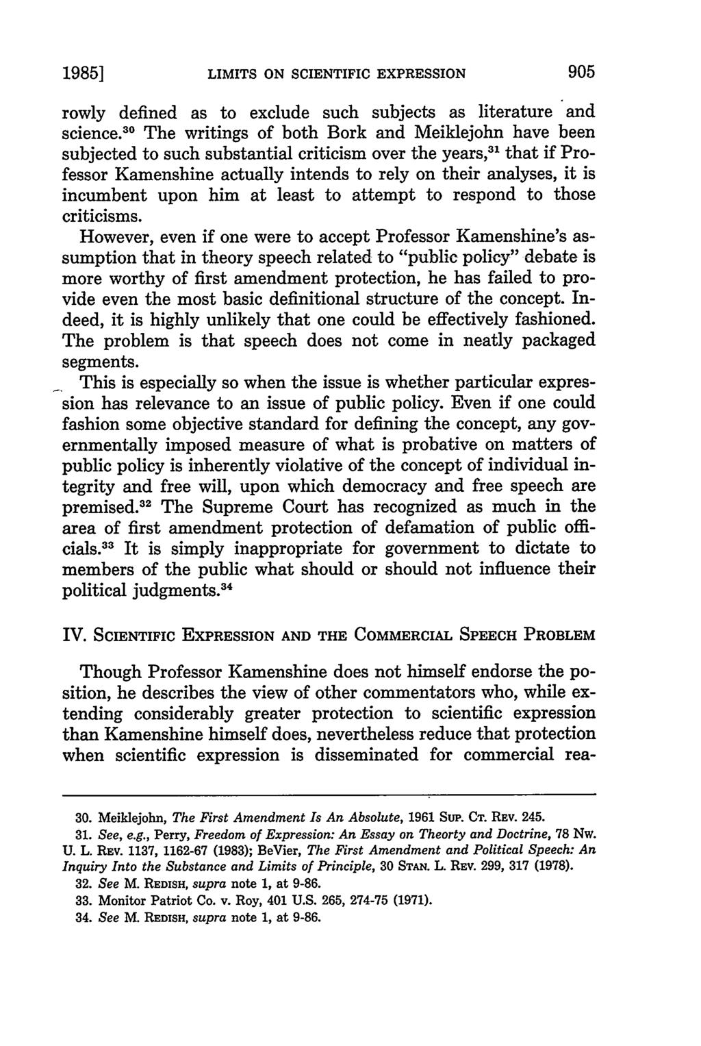 1985] LIMITS ON SCIENTIFIC EXPRESSION rowly defined as to exclude such subjects as literature and science.