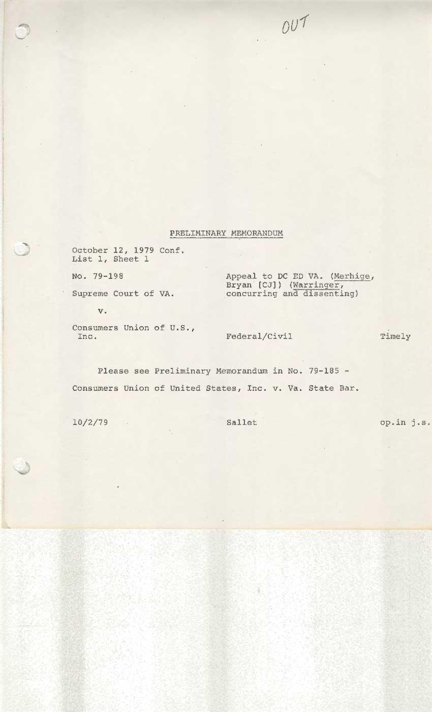 ou1 October 12, 1979 Conf. List 1, Sheet 1 PRELMNARY MEMORANDUM No. 79-198 Supreme Court of VA. Appeal to DC ED VA. (Merhige, Bryan [CJ]) (Warringer, concurring and dissenting) v.