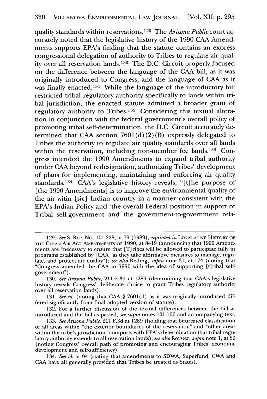 320 VILLANOVA Villanova Environmental ENVIRONMENTAL Law Journal, LAW Vol. JOURNAL 12, Iss. 2 [2001], Art. [Vol. 4 XII: p. 295 quality standards within reservations.