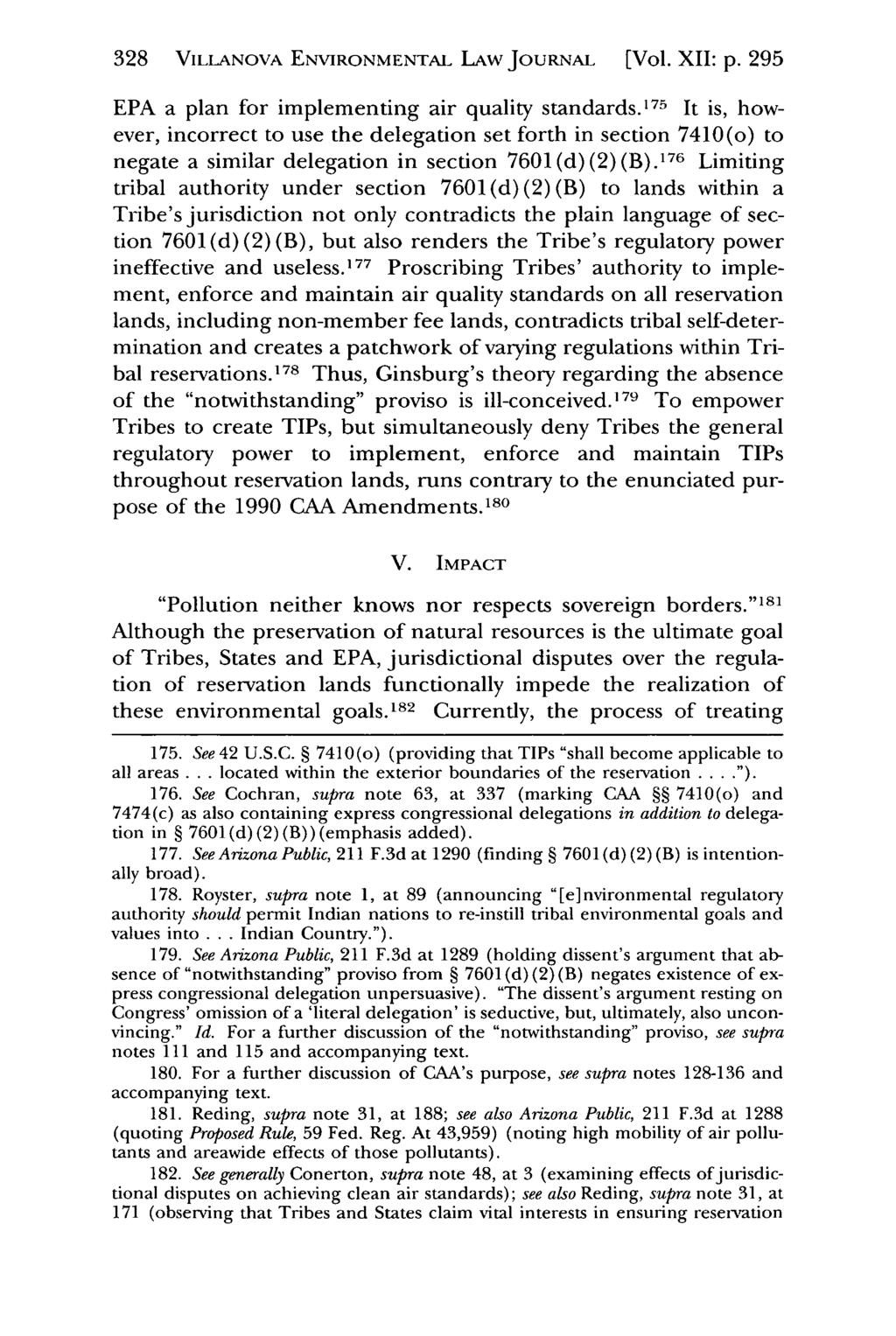 328 VILLANOVA Villanova Environmental ENVIRONMENTAL Law Journal, LAW Vol. JouRNAL 12, Iss. 2 [2001], Art. [Vol. 4 XII: p. 295 EPA a plan for implementing air quality standards.
