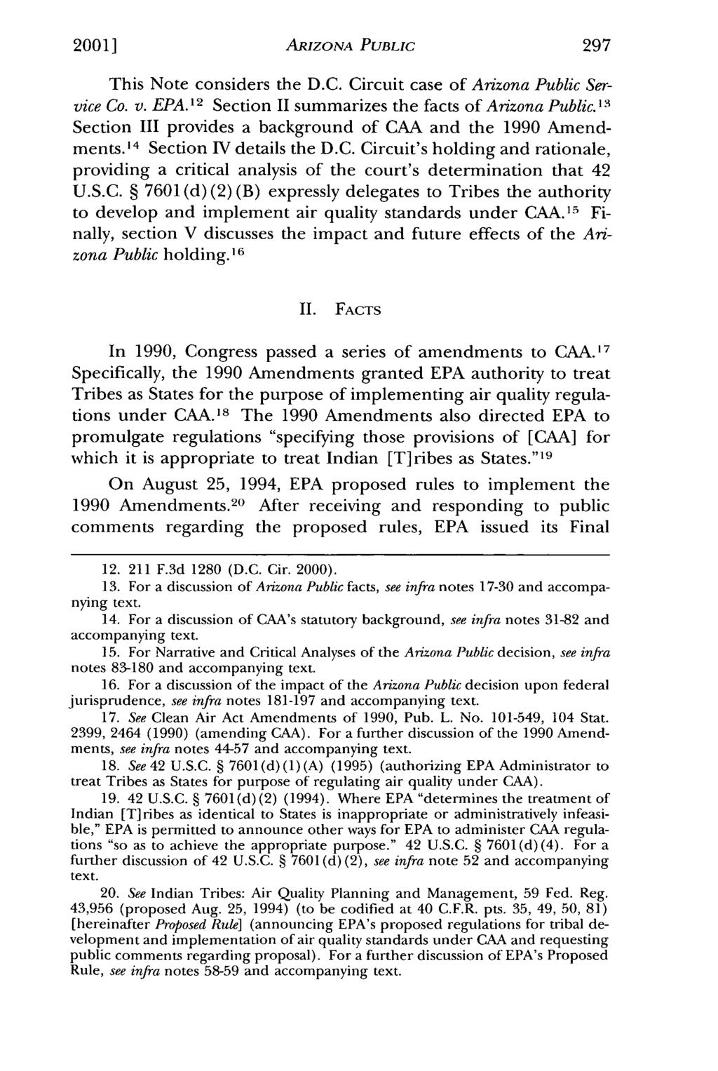2001] Reader: Empowering Tribes - The District of Columbia Circuit Upholds Trib ARIZONA PUBLIC This Note considers the D.C. Circuit case of Arizona Public Service Co. v. EPA.
