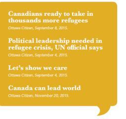 Syrian Refugee Resettlement Canada committed to resettle 35,000 by YE 2016 A Convention refugee Fears persecution based on: Race; Religion; Political opinion; Nationality, or Membership