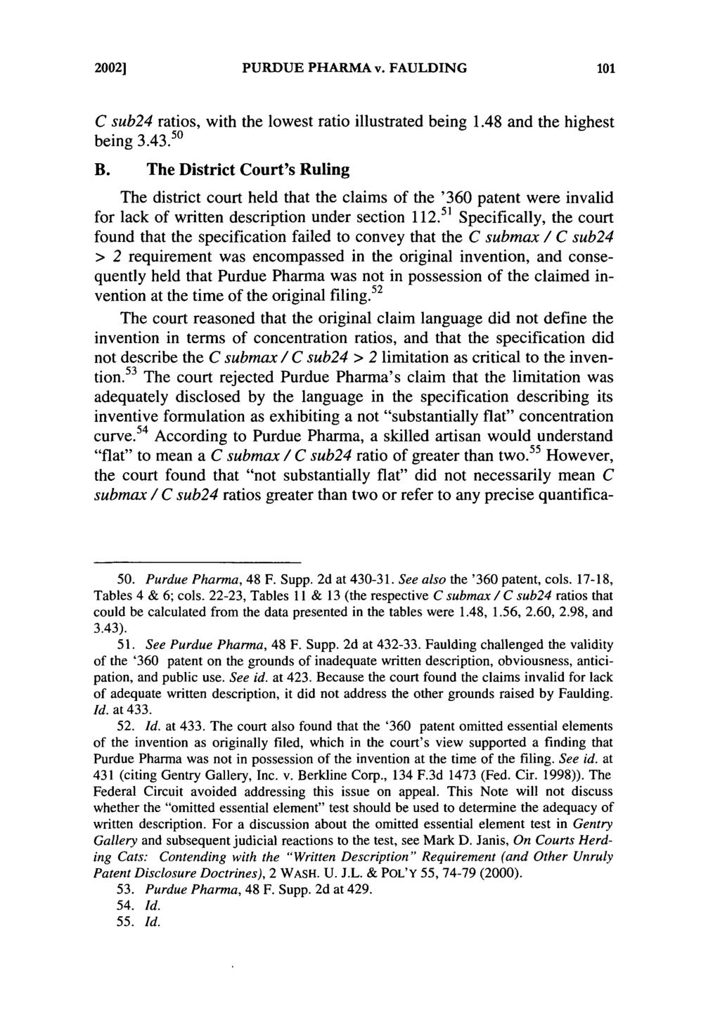 2002] PURDUE PHARMA v. FAULDING C sub24 ratios, with the lowest ratio illustrated being 1.48 and the highest being 3.43.50 B.