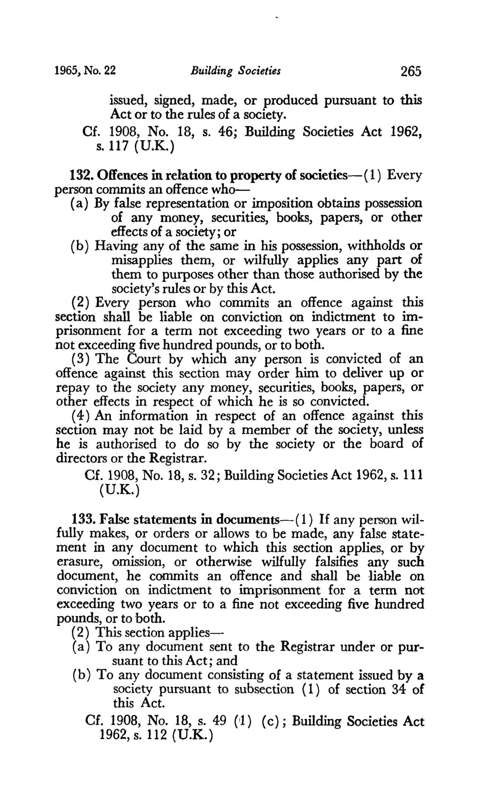 1965, No. 22 Building Societies 265 issued, signed, made, or produced pursuant to this Act or to the rules of a society. Cf. 1908, No. 18, s. 46; Building Societies Act 1962, s. 117 (U.K.) 132.