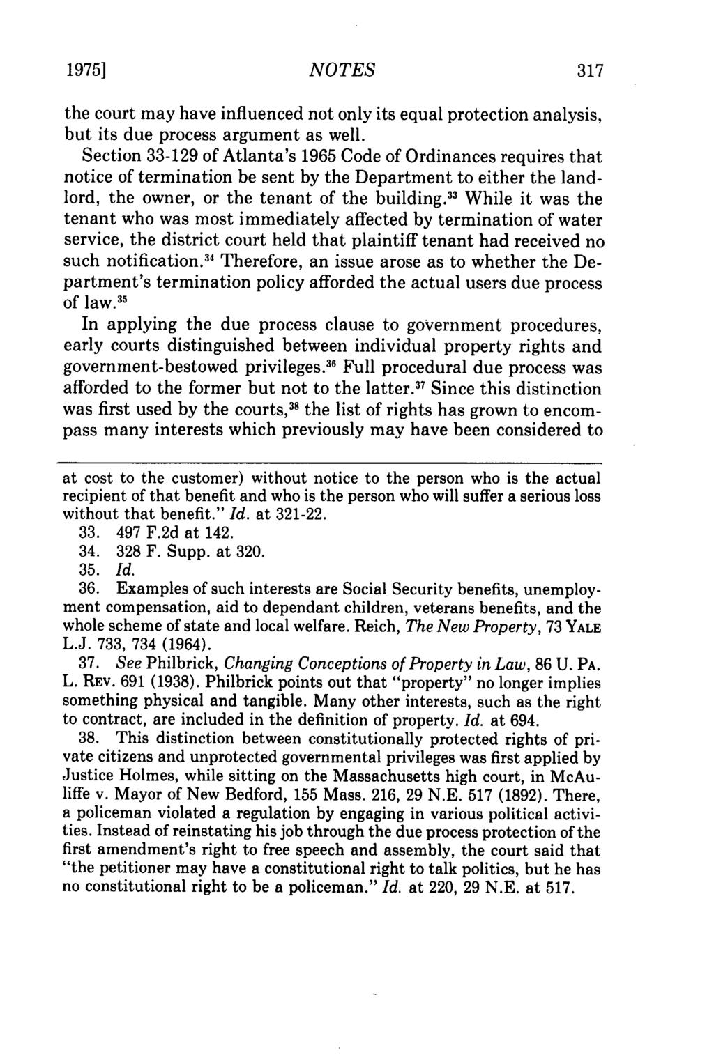 1975] NOTES the court may have influenced not only its equal protection analysis, but its due process argument as well.