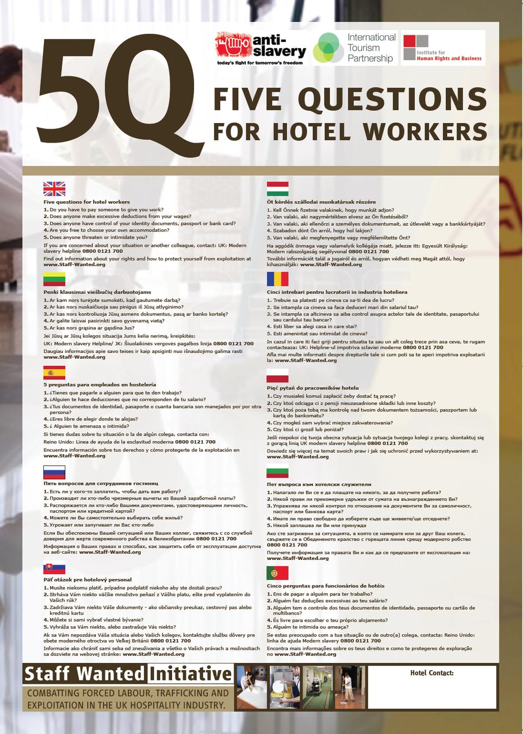ITP and the Staff Wanted Initiative produced this poster to be displayed in hotel staff rooms.