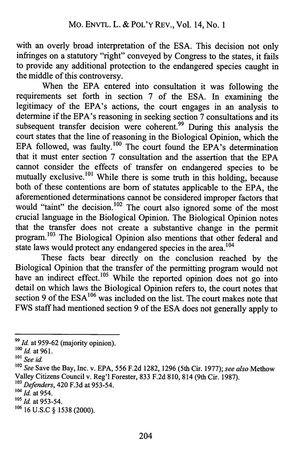 Mo. ENVTL. L. & POL'Y REV., Vol. 14, No. I with an overly broad interpretation of the ESA.