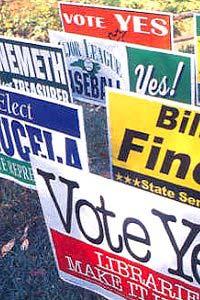 Signs relating to candidates and political issues are allowed 90 days prior to the Tuesday, November 4, 2014 election or no earlier than August 6.