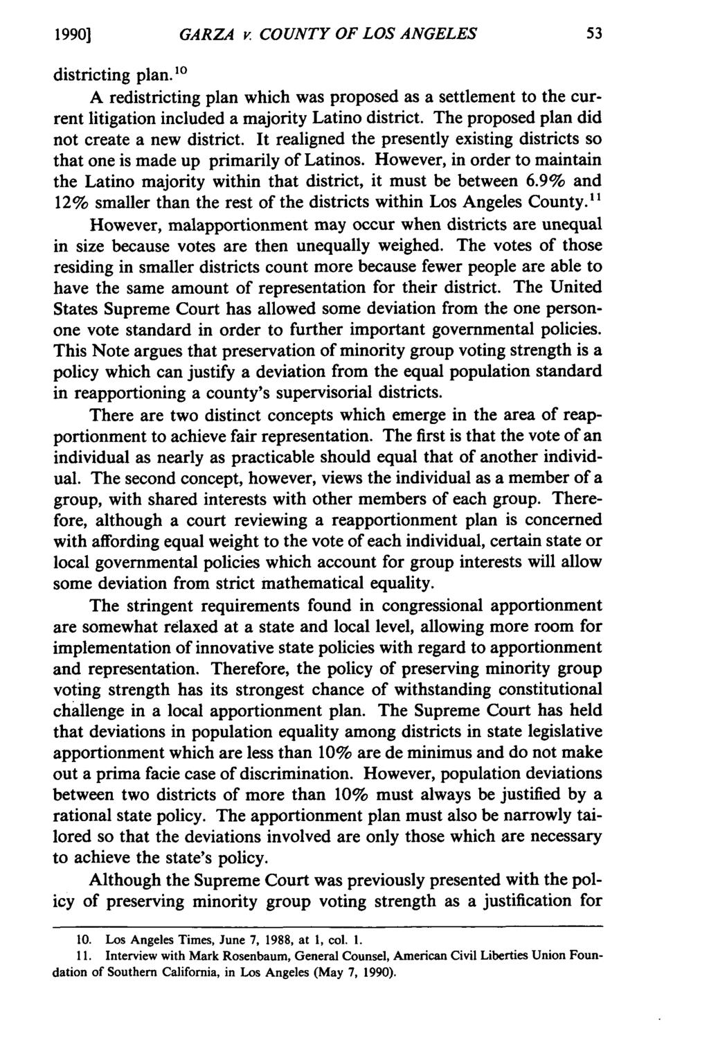 1990] GARZA v COUNTY OF LOS ANGELES districting plan.'" A redistricting plan which was proposed as a settlement to the current litigation included a majority Latino district.