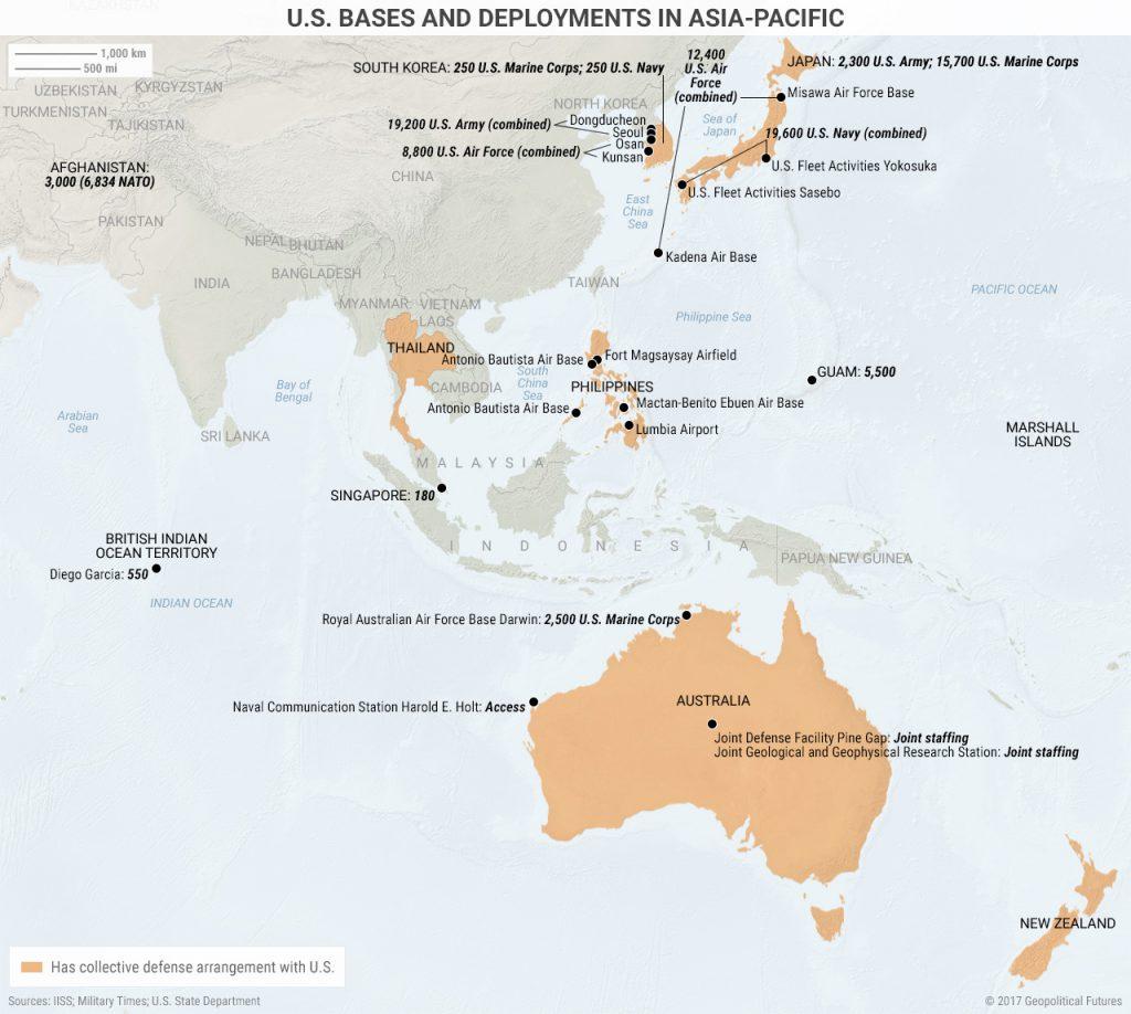 (click to enlarge) The United States used containment as its primary strategy in blocking the Soviet Union. Looking at the map above, we can see that the US is following a similar strategy with China.