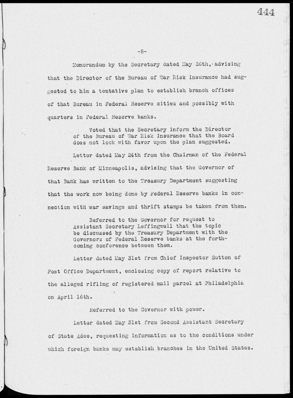 444-8- Memorandum by the Secretary dated May 26th,.