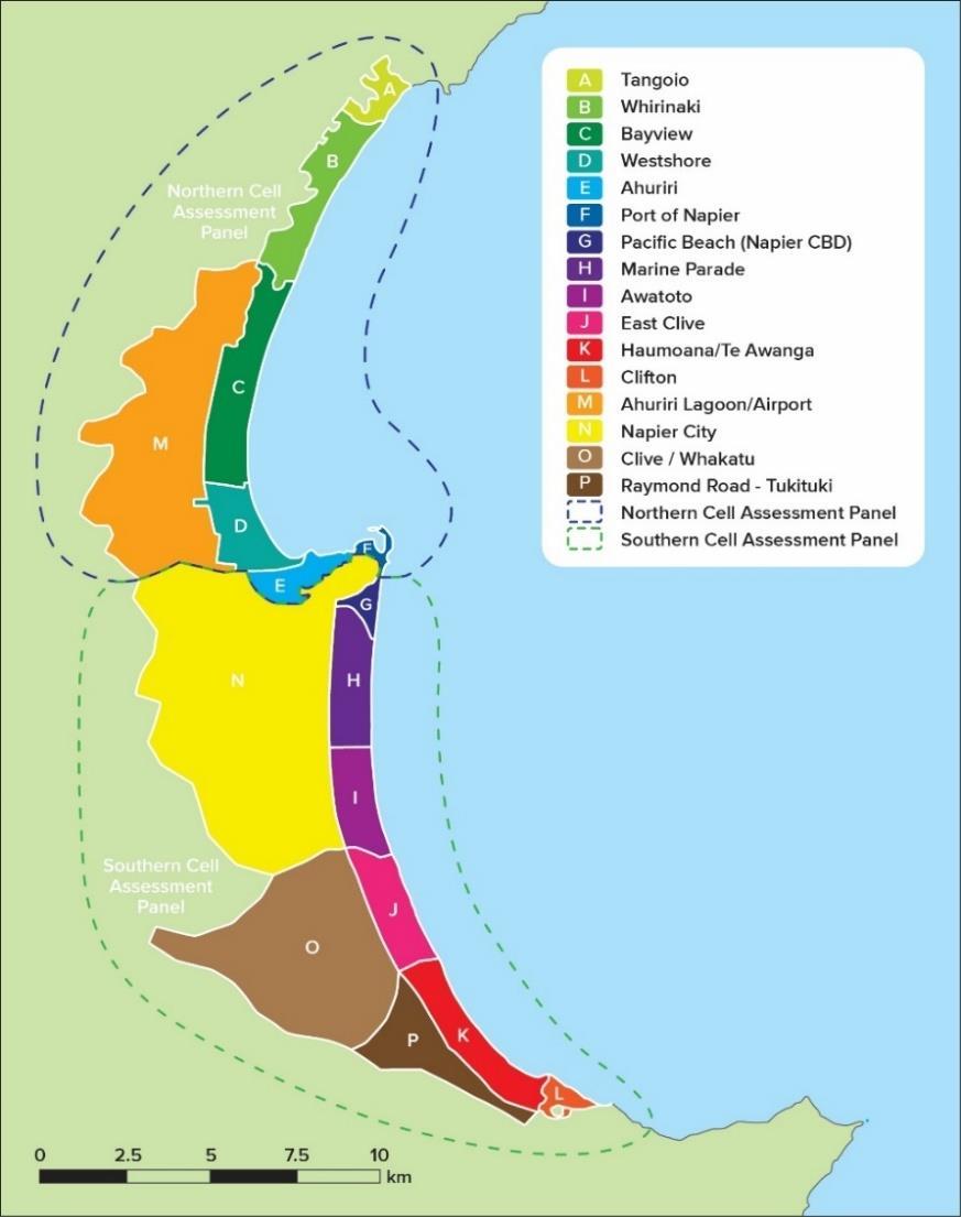 3.0 Membership Two Panels shall be formed: Northern Assessment Cell Evaluation Panel covering the area from Tangoio to the Port of Napier (inclusive), as represented by areas A, B, C, D, E, F and M