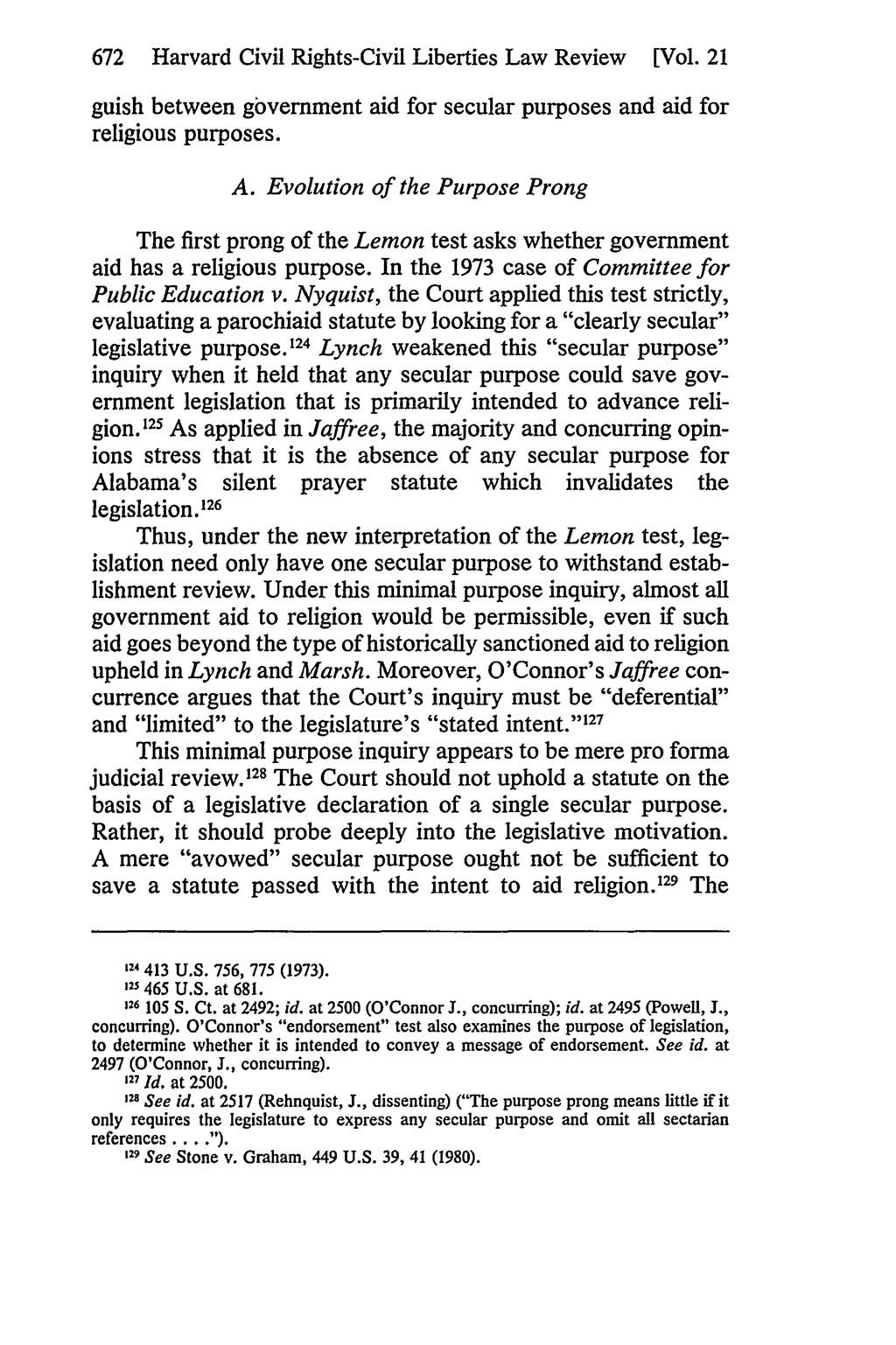 672 Harvard Civil Rights-Civil Liberties Law Review [Vol. 21 guish between government aid for secular purposes and aid for religious purposes. A.
